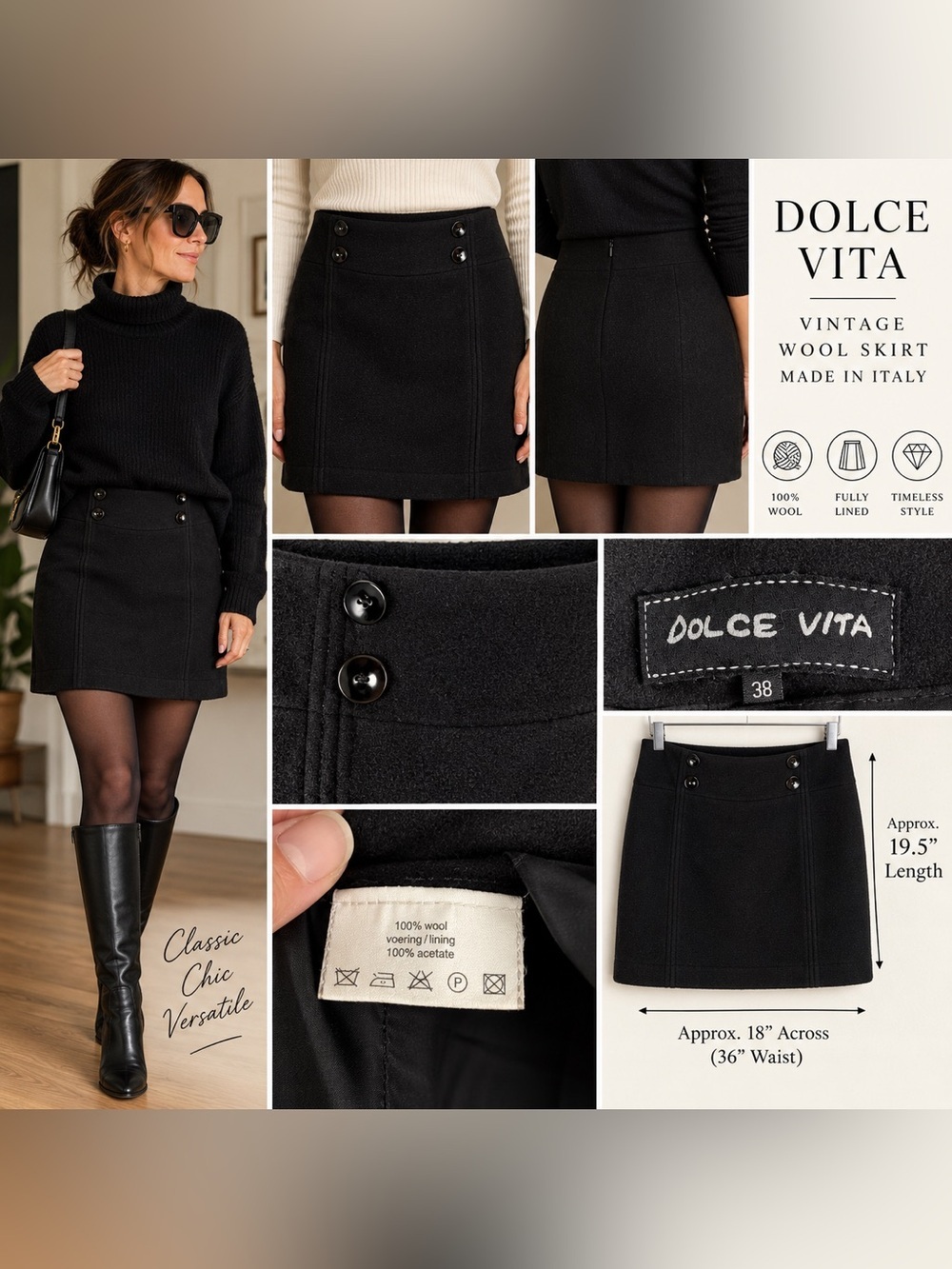 Vintage Dolce Vita Black Wool Button Front Skirt 38 Fully Lined 90s